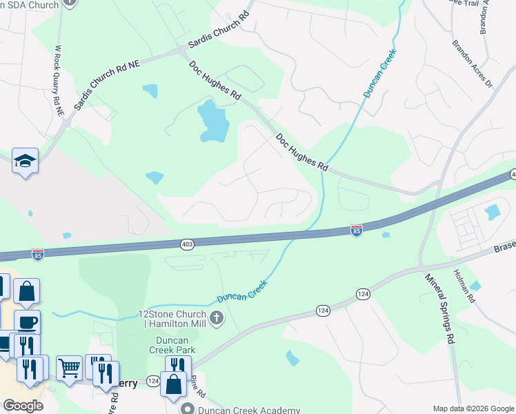map of restaurants, bars, coffee shops, grocery stores, and more near 2046 Hamilton Lake Parkway in Buford