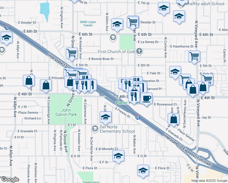 map of restaurants, bars, coffee shops, grocery stores, and more near 1512 East 5th Street in Ontario