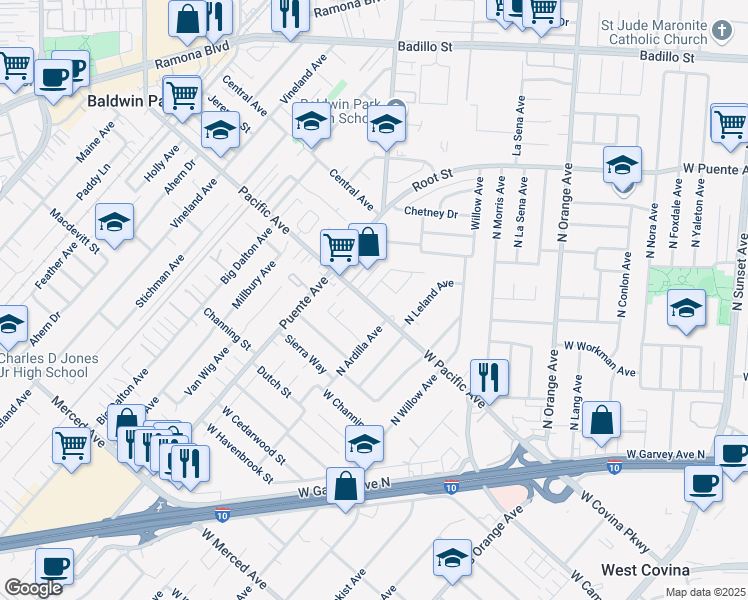 map of restaurants, bars, coffee shops, grocery stores, and more near 3702 Mayland Avenue in Baldwin Park