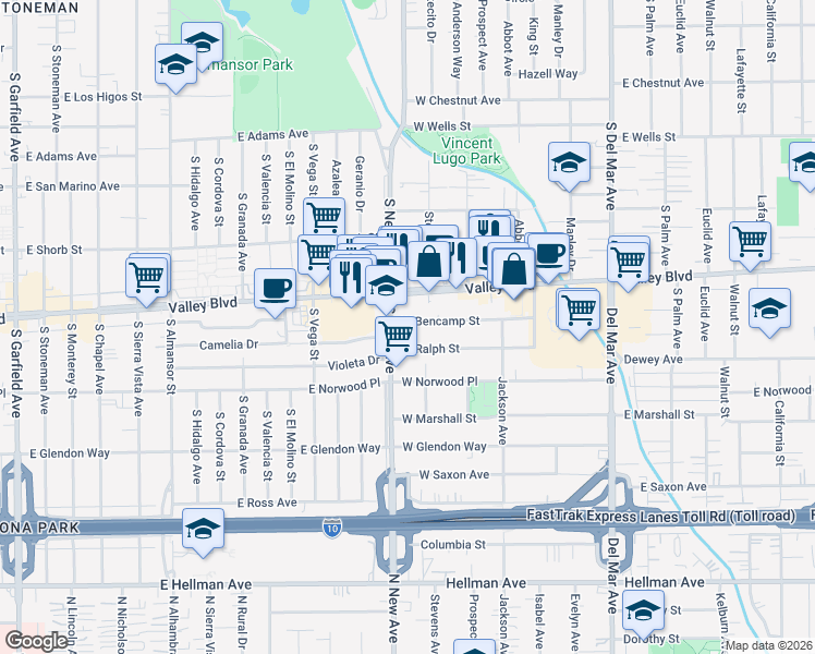 map of restaurants, bars, coffee shops, grocery stores, and more near 518 West Bencamp Street in San Gabriel