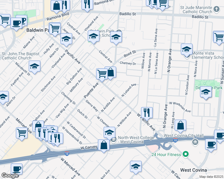 map of restaurants, bars, coffee shops, grocery stores, and more near 3702 Mayland Avenue in Baldwin Park