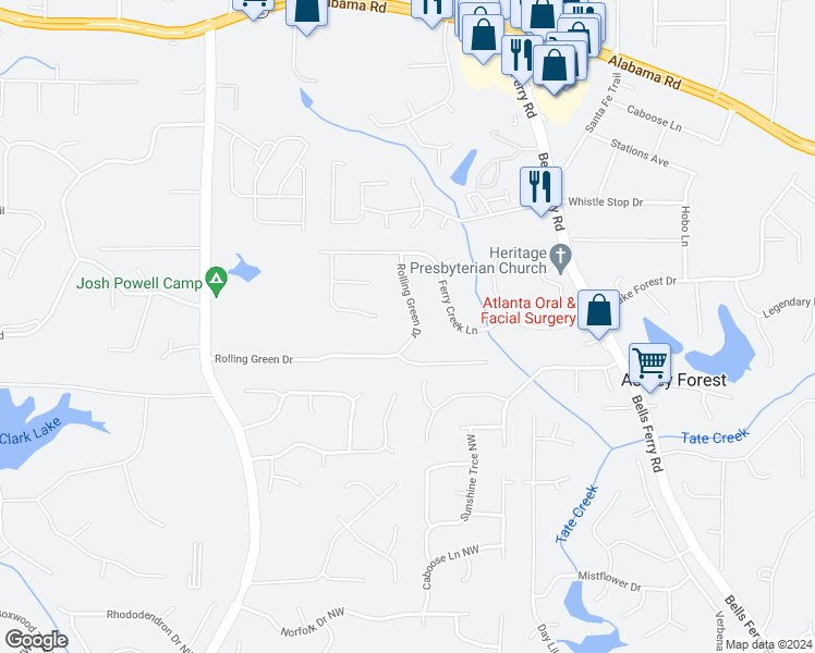 map of restaurants, bars, coffee shops, grocery stores, and more near 1076 Rolling Green Drive in Acworth