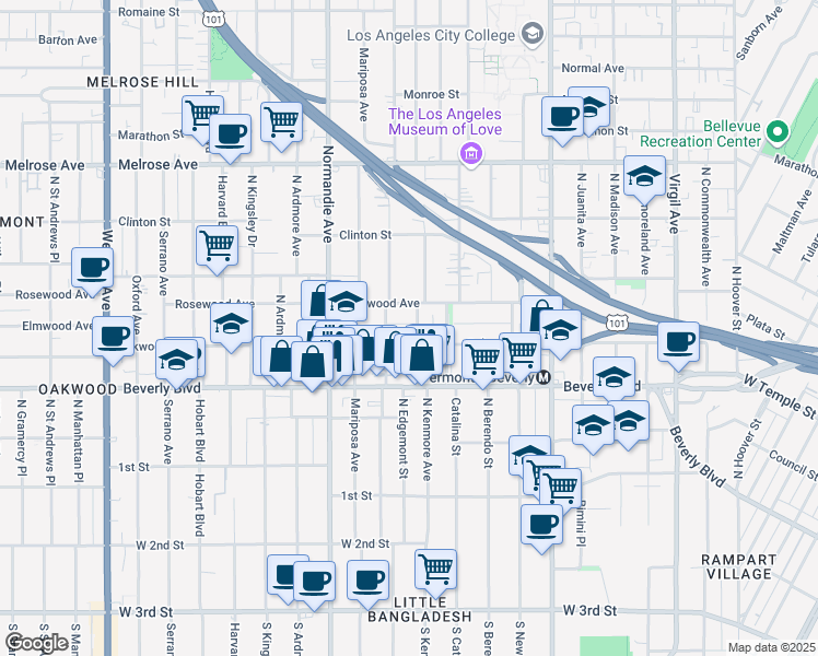 map of restaurants, bars, coffee shops, grocery stores, and more near in Los Angeles