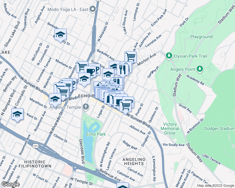 map of restaurants, bars, coffee shops, grocery stores, and more near 1615 Montana Street in Los Angeles