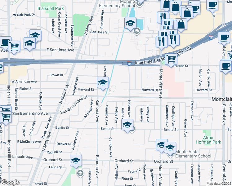 map of restaurants, bars, coffee shops, grocery stores, and more near 4594 San Bernardino Street in Montclair