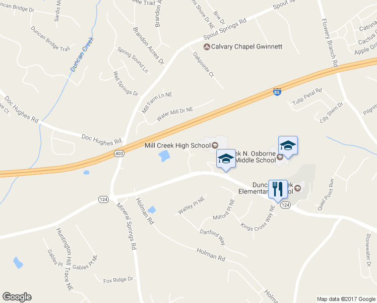 map of restaurants, bars, coffee shops, grocery stores, and more near 2082 Millcrest Drive in Hoschton