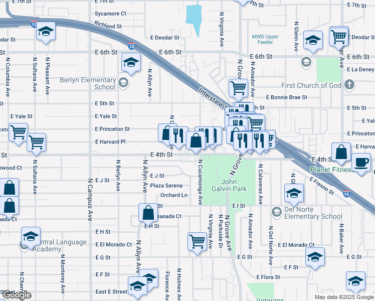map of restaurants, bars, coffee shops, grocery stores, and more near 1033 East 4th Street in Ontario