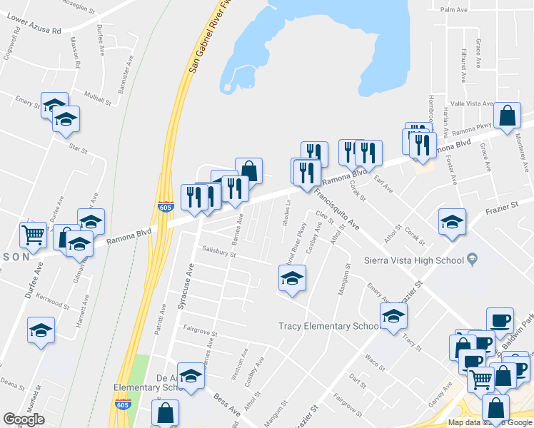 map of restaurants, bars, coffee shops, grocery stores, and more near 3697 Summer Lane in Baldwin Park