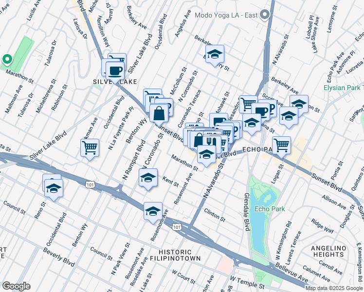 map of restaurants, bars, coffee shops, grocery stores, and more near 1037 Waterloo Street in Los Angeles