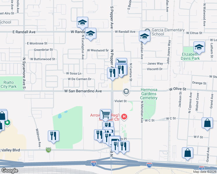 map of restaurants, bars, coffee shops, grocery stores, and more near 1029 Whistle Stop Drive in Colton