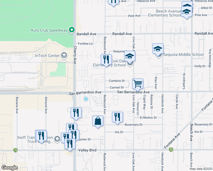 map of restaurants, bars, coffee shops, grocery stores, and more near 9636 Redwood Avenue in Fontana