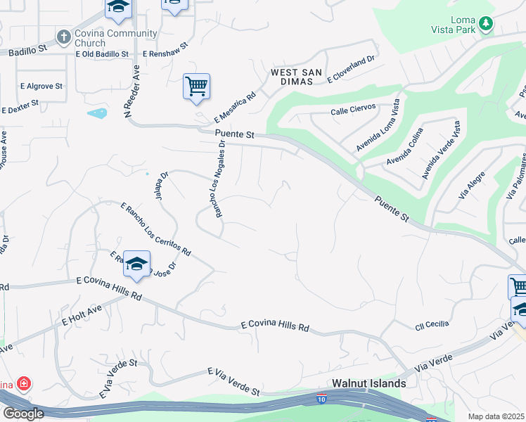 map of restaurants, bars, coffee shops, grocery stores, and more near 524 Rancho Simi Drive in Covina