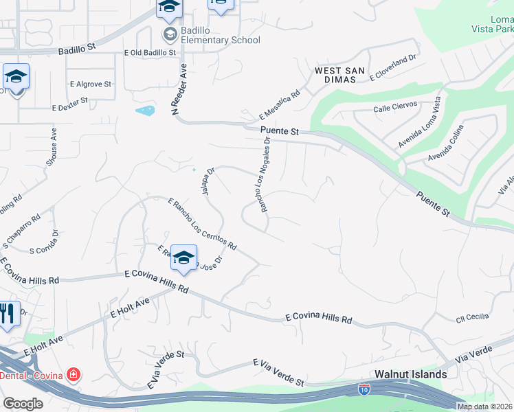 map of restaurants, bars, coffee shops, grocery stores, and more near 639 Rancho Los Nogales Drive in Covina