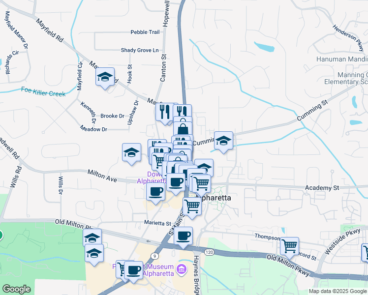 map of restaurants, bars, coffee shops, grocery stores, and more near 6 Violet Garden Walk in Alpharetta