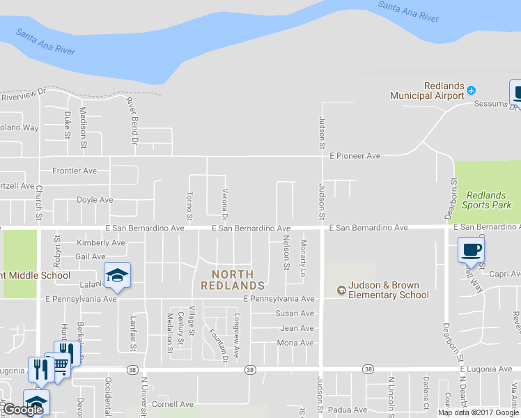map of restaurants, bars, coffee shops, grocery stores, and more near 1305 East San Bernardino Avenue in Redlands