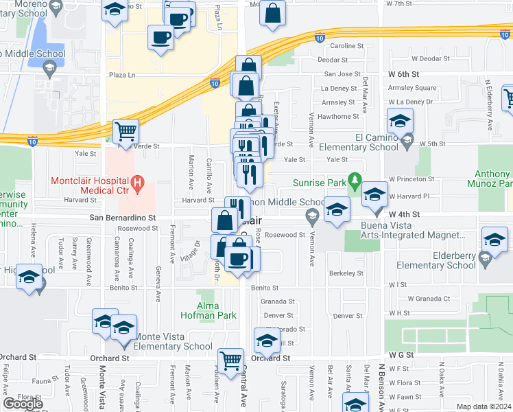 map of restaurants, bars, coffee shops, grocery stores, and more near 5330 San Bernardino Street in Montclair