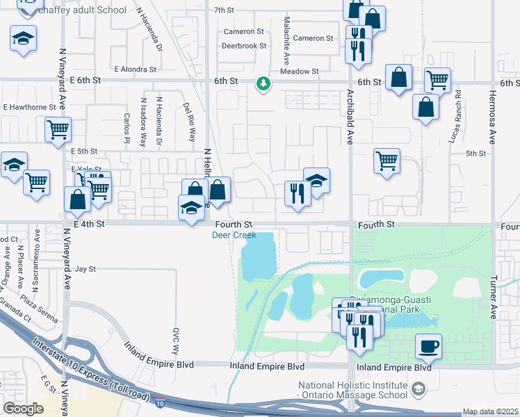 map of restaurants, bars, coffee shops, grocery stores, and more near 9446 Glenaire Court in Rancho Cucamonga