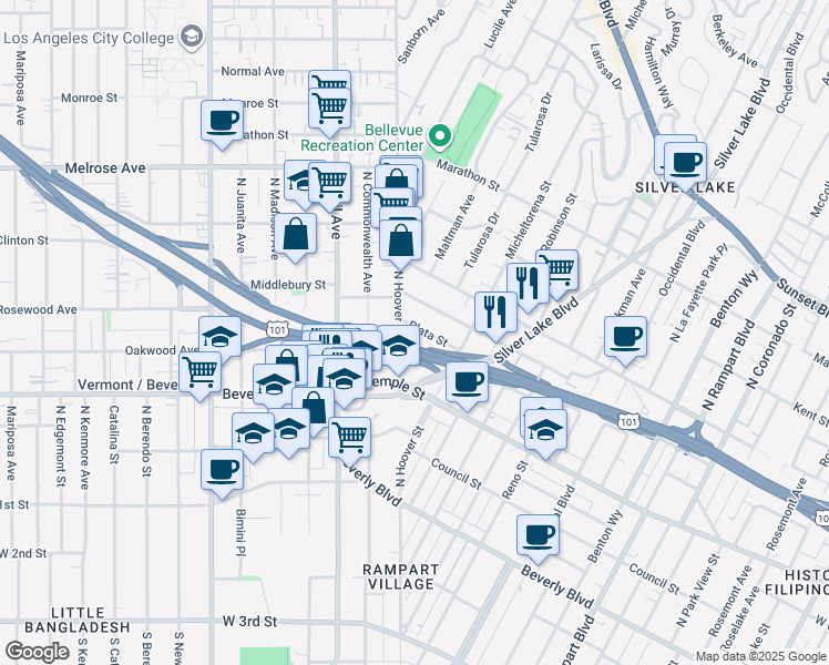 map of restaurants, bars, coffee shops, grocery stores, and more near 3452 Plata Street in Los Angeles
