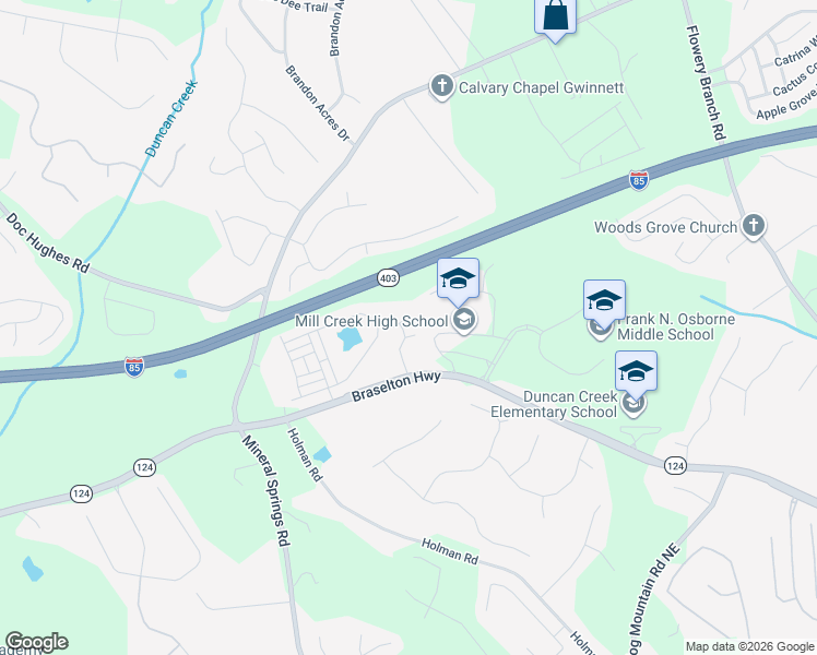 map of restaurants, bars, coffee shops, grocery stores, and more near 2083 Millcrest Drive in Hoschton