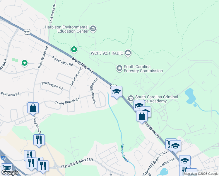 map of restaurants, bars, coffee shops, grocery stores, and more near 101 Thorn Tree Lane in Columbia