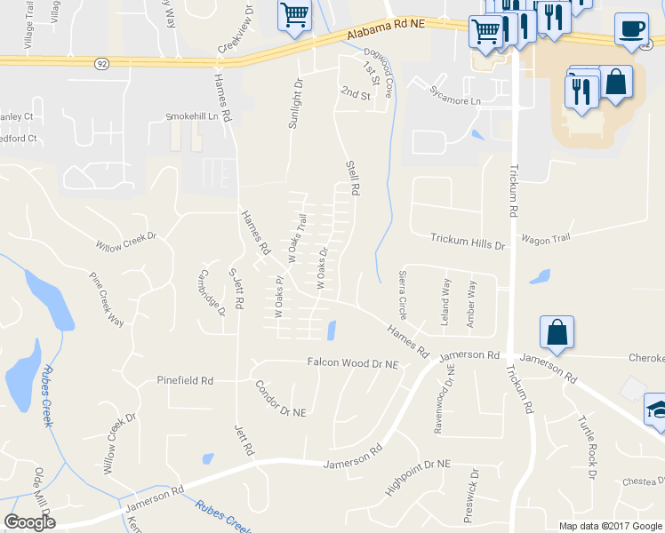 map of restaurants, bars, coffee shops, grocery stores, and more near 548 West Oaks Drive in Woodstock