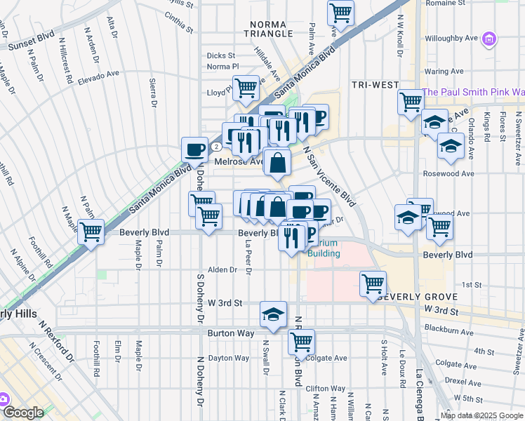 map of restaurants, bars, coffee shops, grocery stores, and more near 8901 Rosewood Avenue in West Hollywood