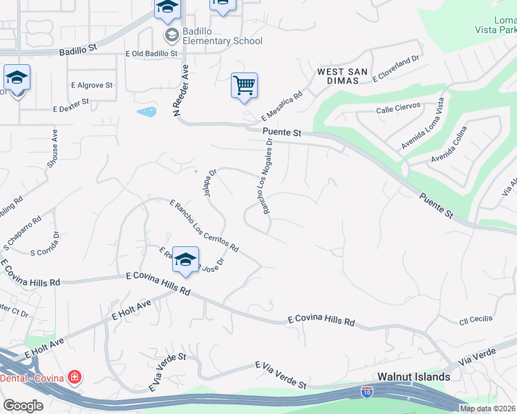 map of restaurants, bars, coffee shops, grocery stores, and more near 639 Rancho Los Nogales Drive in Covina