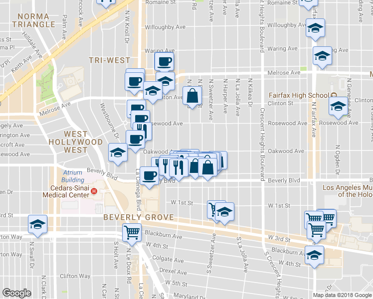 map of restaurants, bars, coffee shops, grocery stores, and more near 401 Kings Road in West Hollywood