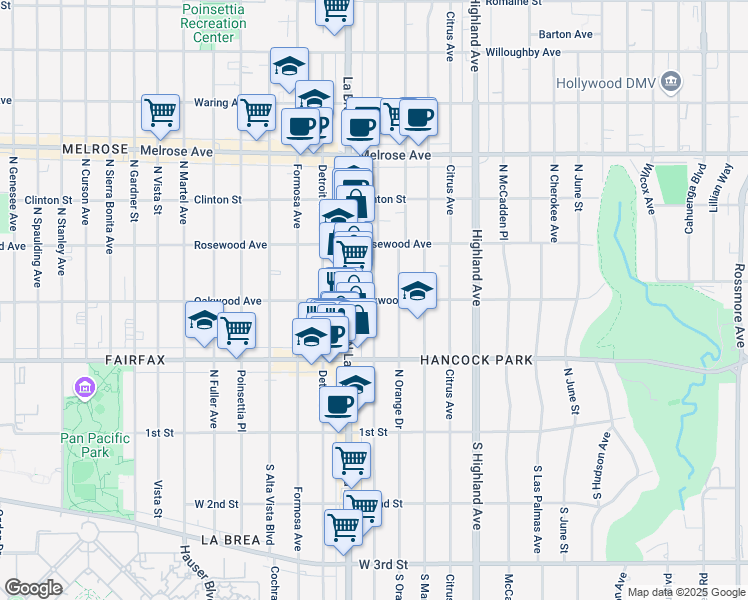map of restaurants, bars, coffee shops, grocery stores, and more near Oakwood Ave & N Sycamore Ave in Los Angeles