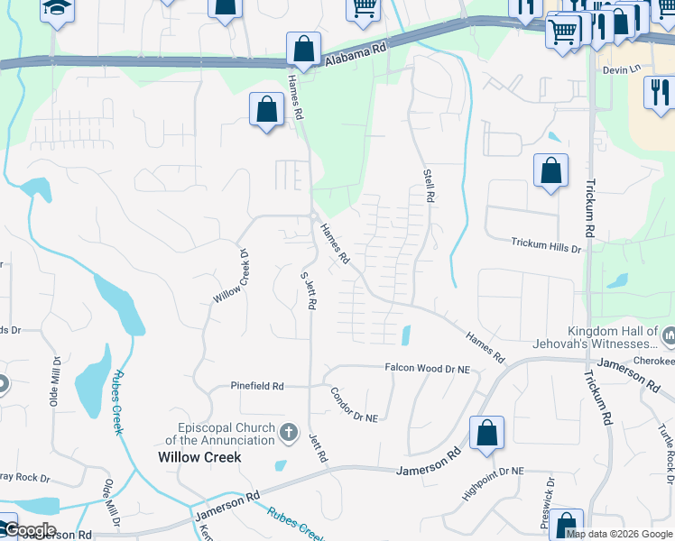 map of restaurants, bars, coffee shops, grocery stores, and more near 113 West Oaks Court in Woodstock