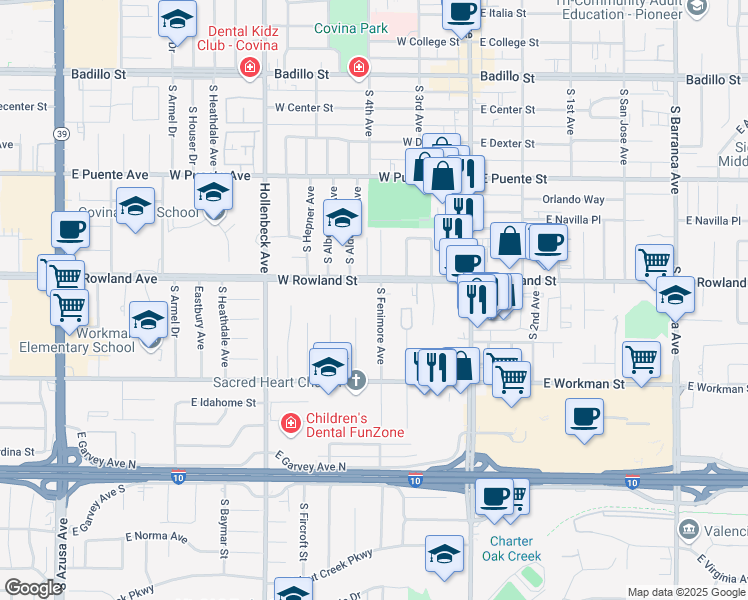 map of restaurants, bars, coffee shops, grocery stores, and more near 627 South Fenimore Avenue in Covina