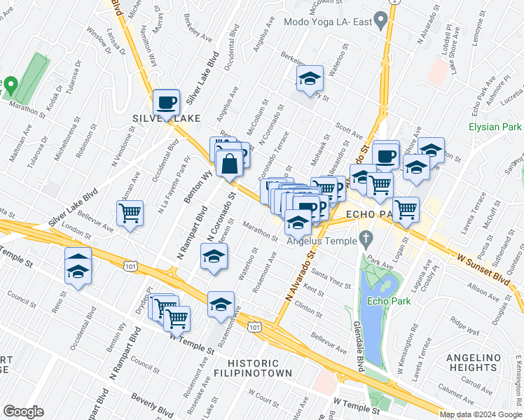 map of restaurants, bars, coffee shops, grocery stores, and more near 1037 Waterloo Street in Los Angeles