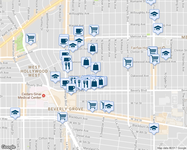 map of restaurants, bars, coffee shops, grocery stores, and more near 404 Kings Road in Los Angeles