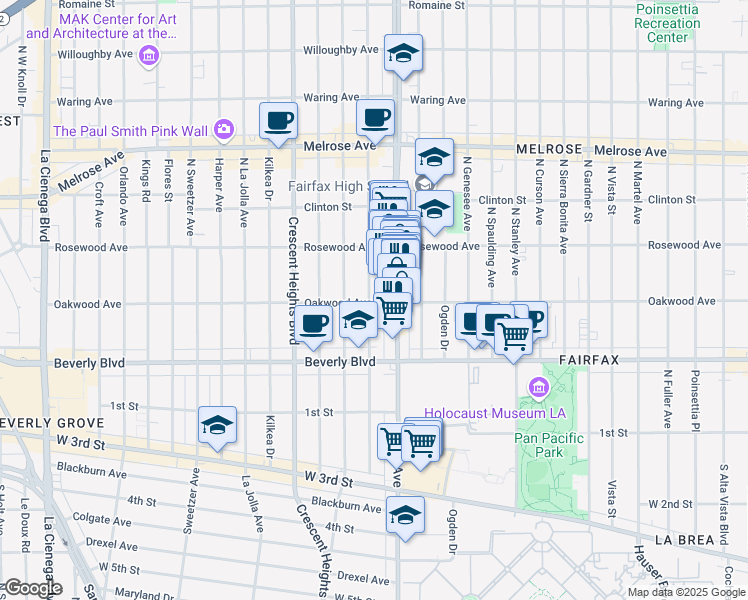 map of restaurants, bars, coffee shops, grocery stores, and more near 7921 Oakwood Avenue in Los Angeles