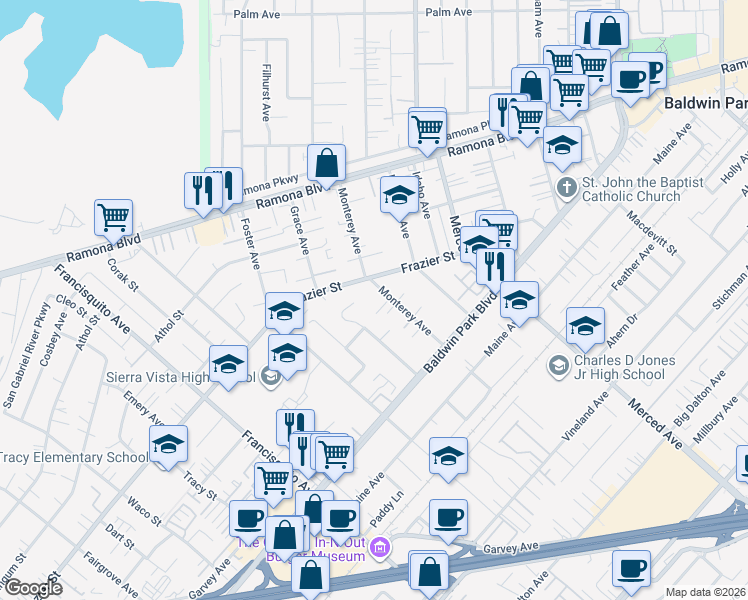 map of restaurants, bars, coffee shops, grocery stores, and more near 13624 Monterey Avenue in Baldwin Park