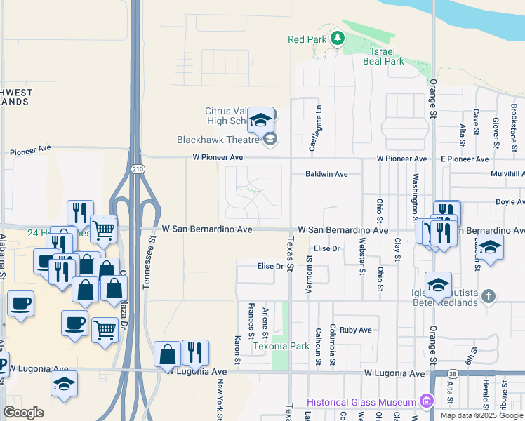 map of restaurants, bars, coffee shops, grocery stores, and more near 818-998 West San Bernardino Avenue in Redlands