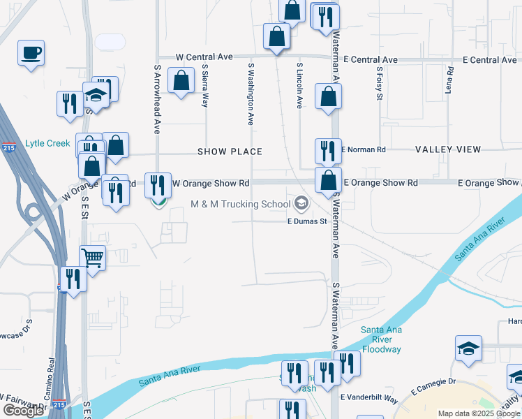 map of restaurants, bars, coffee shops, grocery stores, and more near 1245 South Washington Avenue in San Bernardino