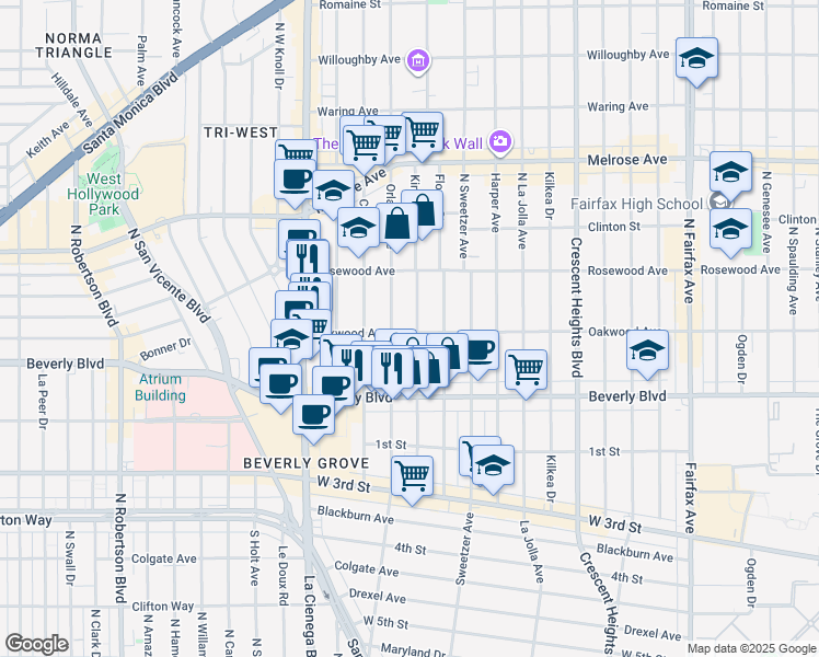 map of restaurants, bars, coffee shops, grocery stores, and more near 401 Kings Road in West Hollywood