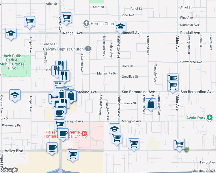 map of restaurants, bars, coffee shops, grocery stores, and more near 9665 Blanchard Avenue in Fontana