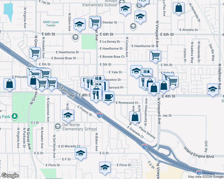 map of restaurants, bars, coffee shops, grocery stores, and more near 1671A East Harvard Place in Ontario