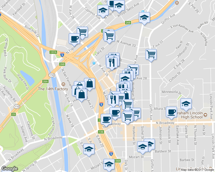 map of restaurants, bars, coffee shops, grocery stores, and more near 212 North Avenue 25 in Los Angeles