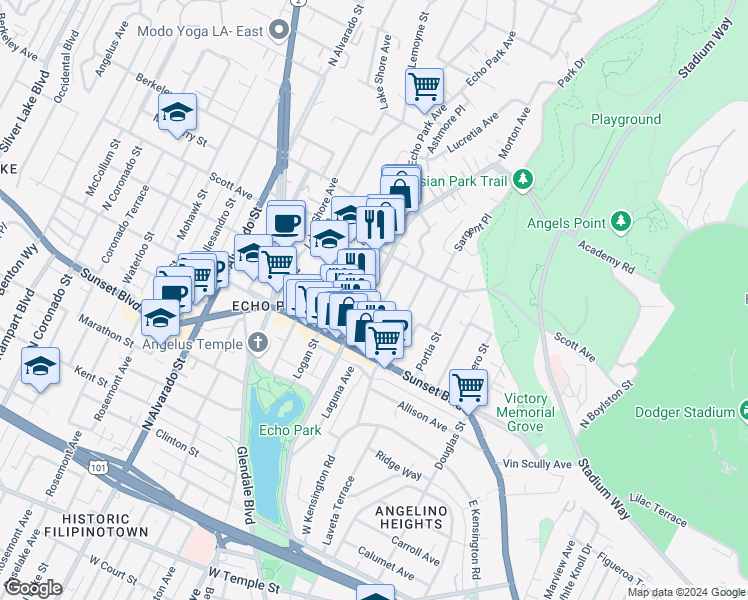 map of restaurants, bars, coffee shops, grocery stores, and more near 1444 Fairbanks Place in Los Angeles