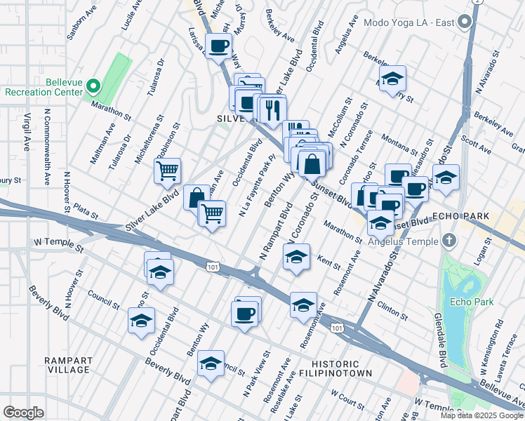 map of restaurants, bars, coffee shops, grocery stores, and more near 836 North Benton Way in Los Angeles