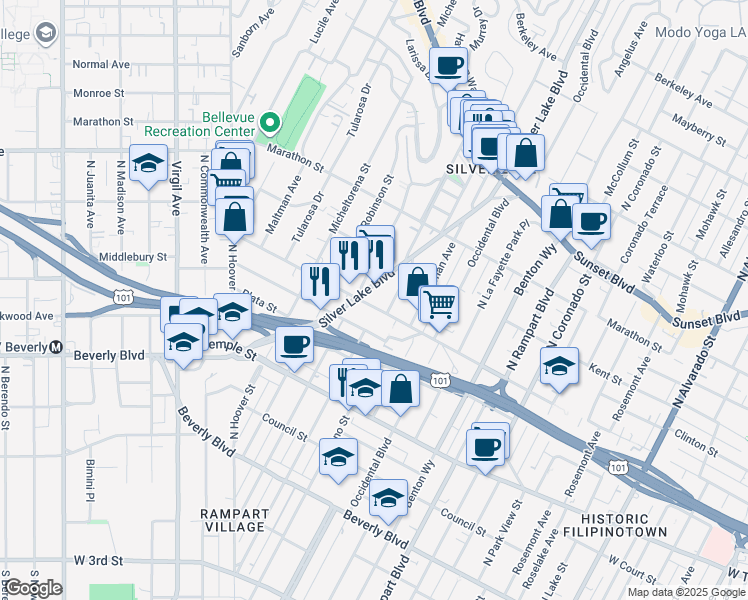 map of restaurants, bars, coffee shops, grocery stores, and more near 624 Silver Lake Boulevard in Los Angeles