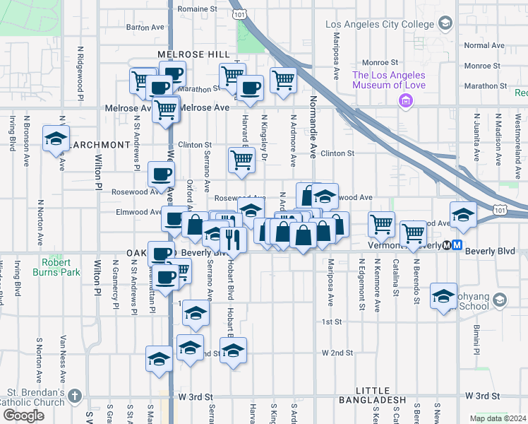 map of restaurants, bars, coffee shops, grocery stores, and more near 428 North Kingsley Drive in Los Angeles