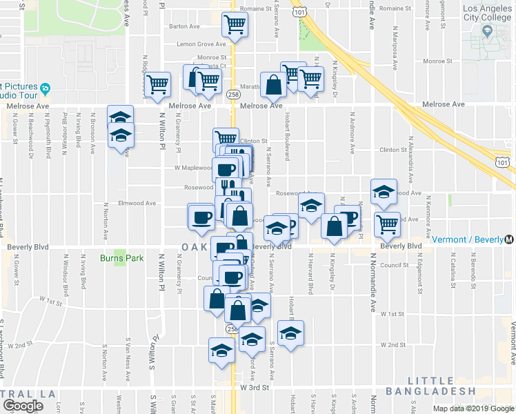 map of restaurants, bars, coffee shops, grocery stores, and more near 427 North Oxford Avenue in Los Angeles