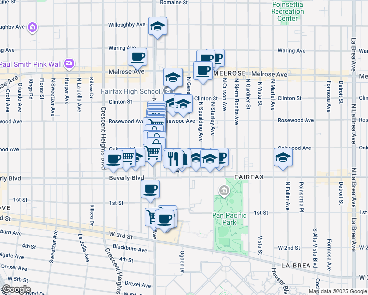 map of restaurants, bars, coffee shops, grocery stores, and more near 408 North Ogden Drive in Los Angeles