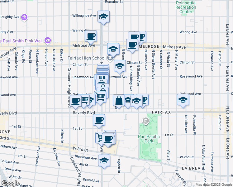 map of restaurants, bars, coffee shops, grocery stores, and more near 408 North Ogden Drive in Los Angeles