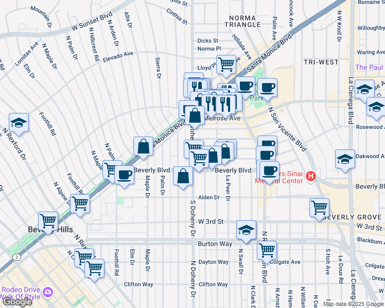 map of restaurants, bars, coffee shops, grocery stores, and more near 440 North Oakhurst Drive in Beverly Hills