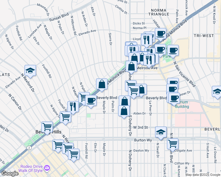 map of restaurants, bars, coffee shops, grocery stores, and more near 450 North Palm Drive in Beverly Hills